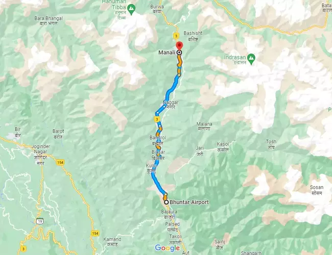 Bhuntar to Manali Taxi - Bhuntar to Manali Map