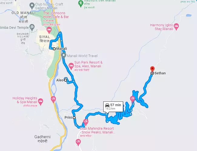 Manali to Sethan Taxi - Sethan Map